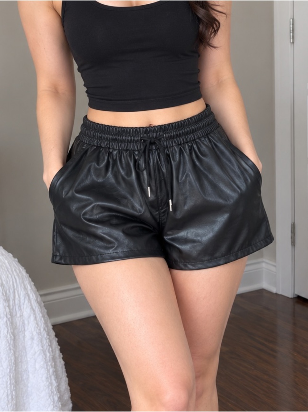refuge Black High-Waist Faux Leather Drawstring Shorts